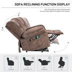 Fauteuil inclinable releveur en velours marron, massage, chauffant, poches, 8 points