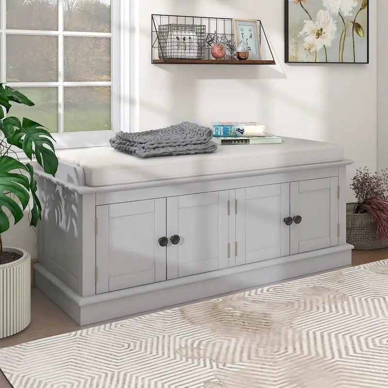 Banc de rangement capitonné multifonction 4 portes Farmhouse 42.70 avec étagères réglables et range-chaussures pour entrée