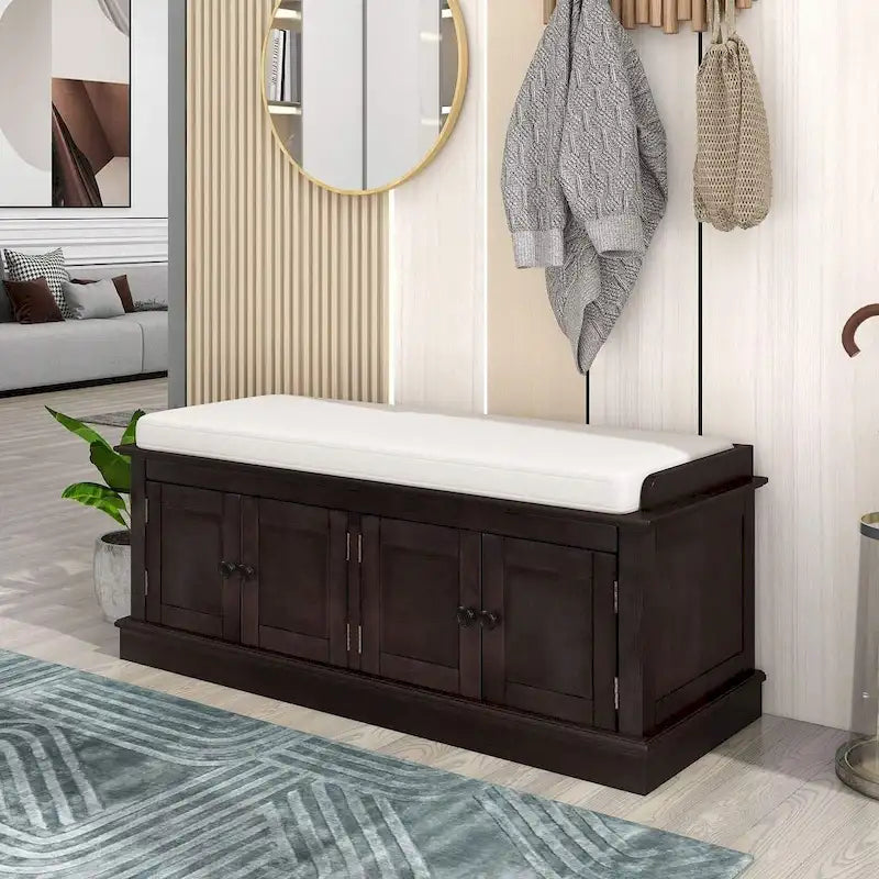 Banc de rangement capitonné multifonction 4 portes Farmhouse 42.70 avec étagères réglables et range-chaussures pour entrée