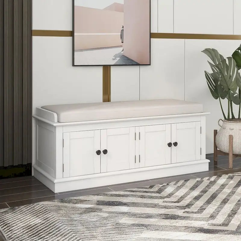 Banc de rangement capitonné multifonction 4 portes Farmhouse 42.70 avec étagères réglables et range-chaussures pour entrée