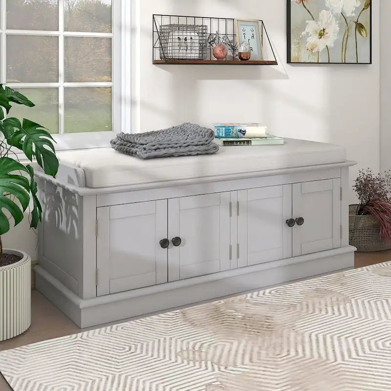 Banc de rangement capitonné multifonction 4 portes Farmhouse 42.70 avec étagères réglables et range-chaussures pour entrée