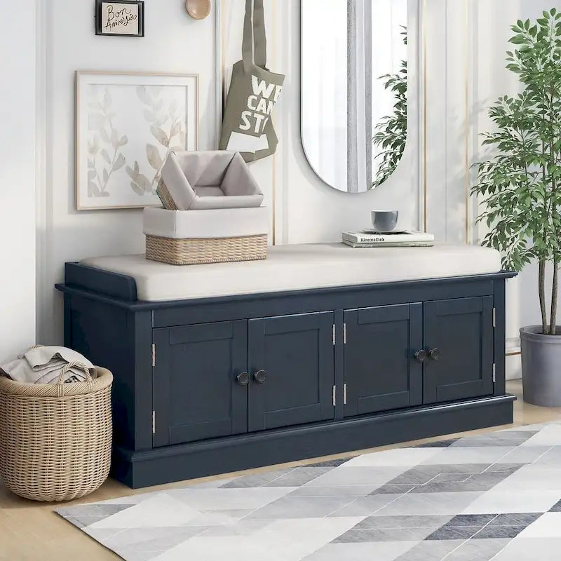 Banc de rangement capitonné multifonction 4 portes Farmhouse 42.70 avec étagères réglables et range-chaussures pour entrée