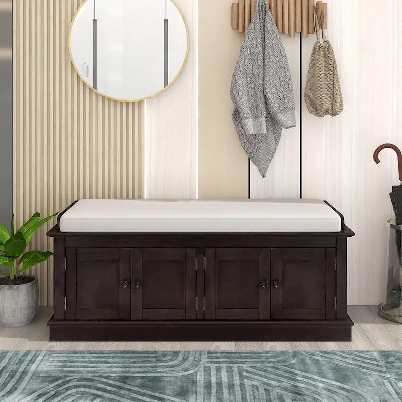 Banc de rangement capitonné multifonction 4 portes Farmhouse 42.70 avec étagères réglables et range-chaussures pour entrée