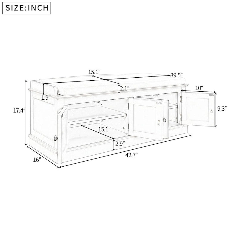 Banc de rangement capitonné multifonction 4 portes Farmhouse 42.70 avec étagères réglables et range-chaussures pour entrée