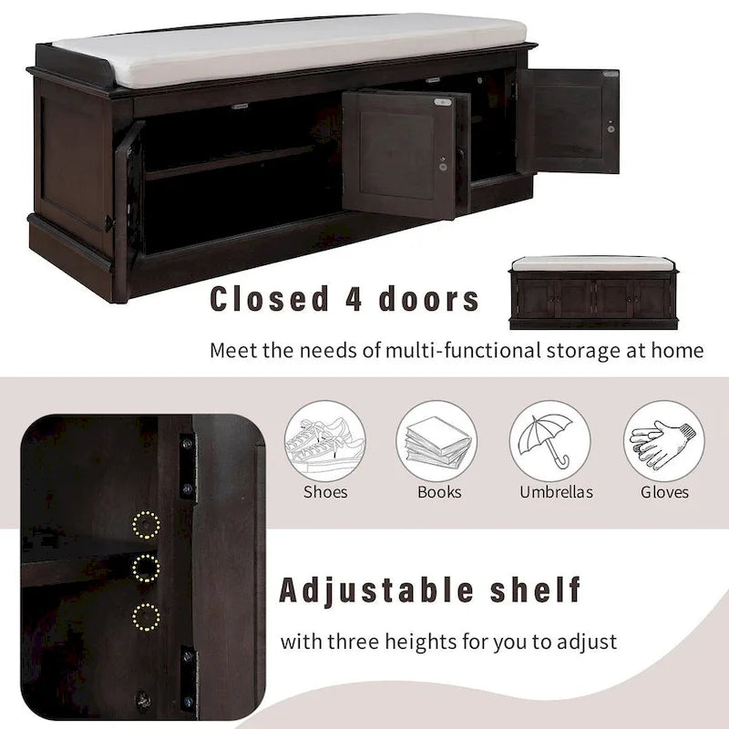 Banc de rangement capitonné multifonction 4 portes Farmhouse 42.70 avec étagères réglables et range-chaussures pour entrée