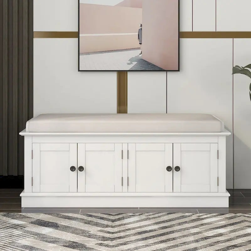 Banc de rangement capitonné multifonction 4 portes Farmhouse 42.70 avec étagères réglables et range-chaussures pour entrée