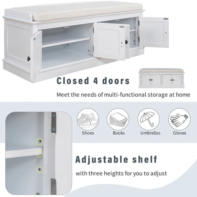 Banc de rangement capitonné multifonction 4 portes Farmhouse 42.70 avec étagères réglables et range-chaussures pour entrée