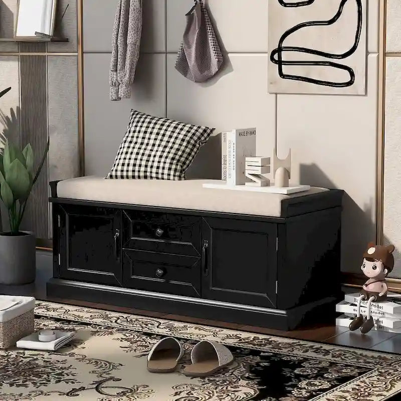 Banc de rangement capitonné de style campagnard avec 2 tiroirs et 2 placards