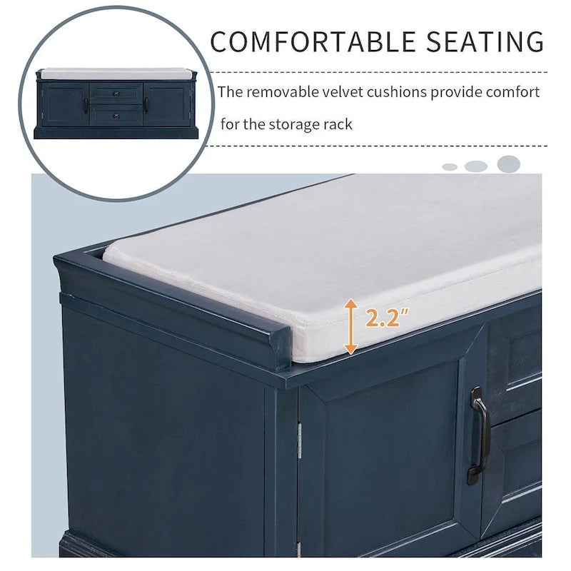 Banc de rangement capitonné de style campagnard avec 2 tiroirs et 2 placards