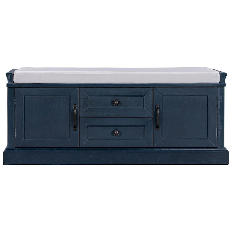 Banc de rangement capitonné de style campagnard avec 2 tiroirs et 2 placards