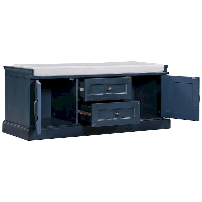 Banc de rangement capitonné de style campagnard avec 2 tiroirs et 2 placards