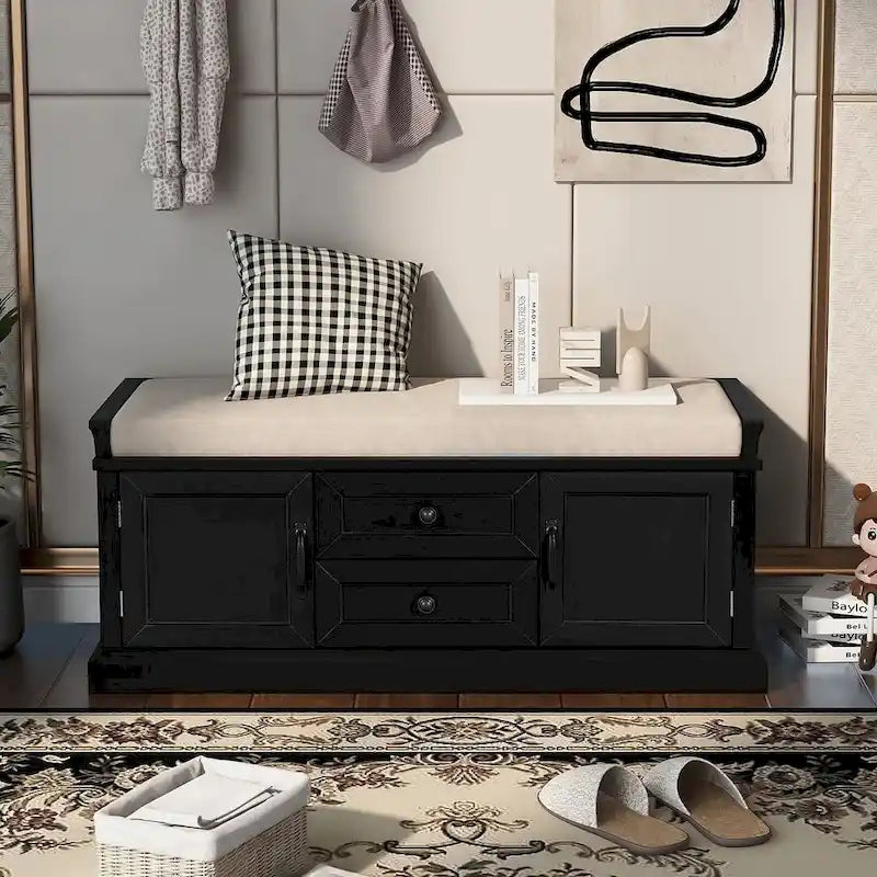 Banc de rangement capitonné de style campagnard avec 2 tiroirs et 2 placards