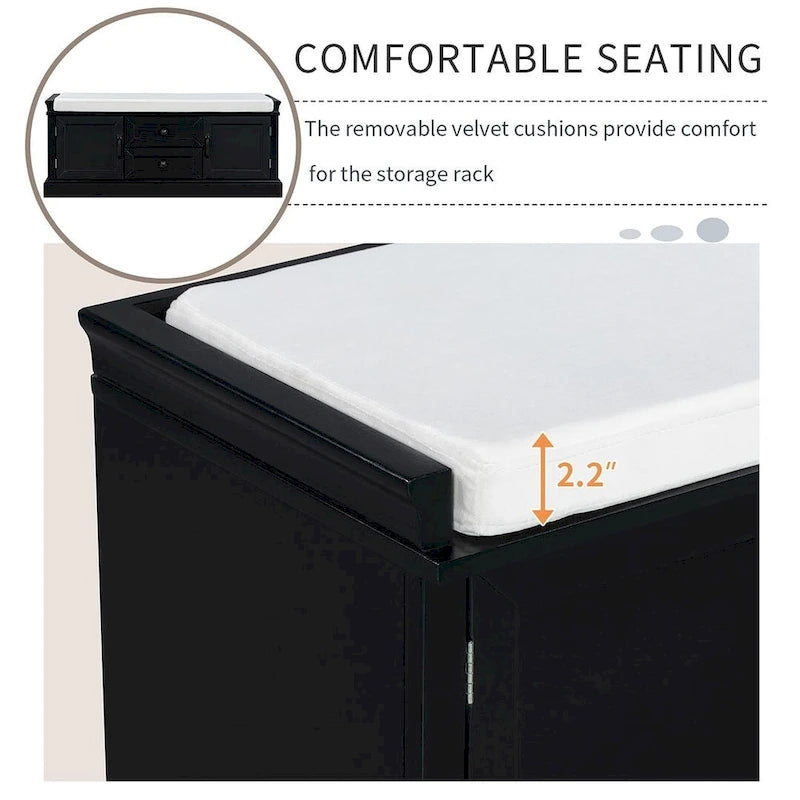 Banc de rangement capitonné de style campagnard avec 2 tiroirs et 2 placards