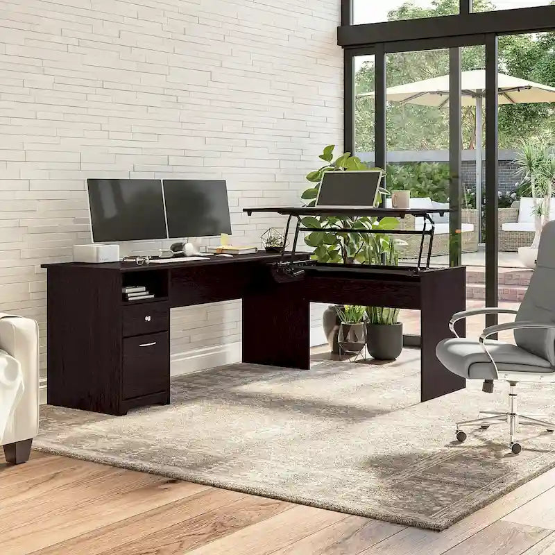 Bureau assis-debout en L à 3 positions de 72 po de large par