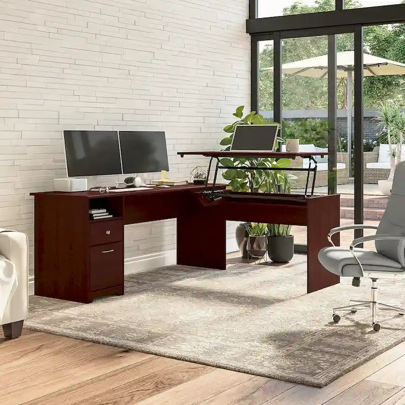 Bureau assis-debout en L à 3 positions de 72 po de large par