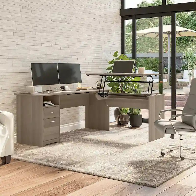 Bureau assis-debout en L à 3 positions de 72 po de large par