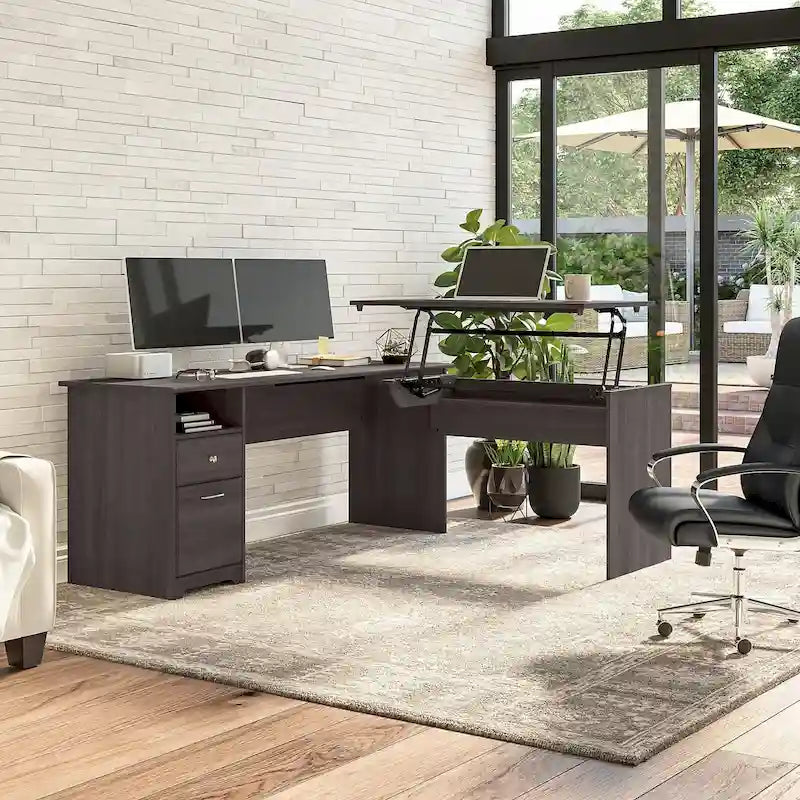 Bureau assis-debout en L à 3 positions de 72 po de large par