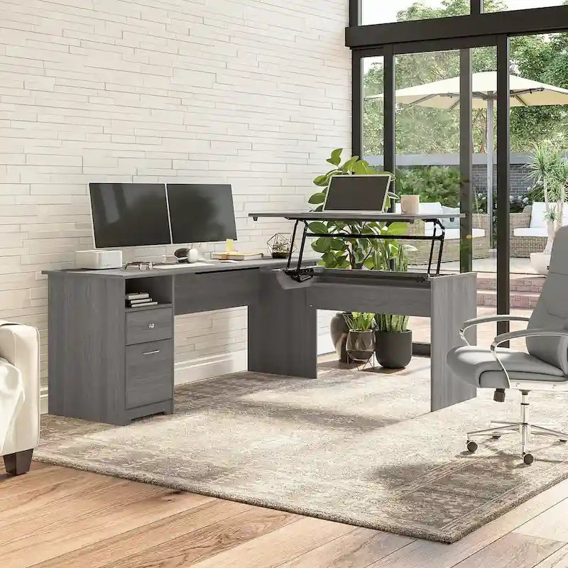Bureau assis-debout en L à 3 positions de 72 po de large par