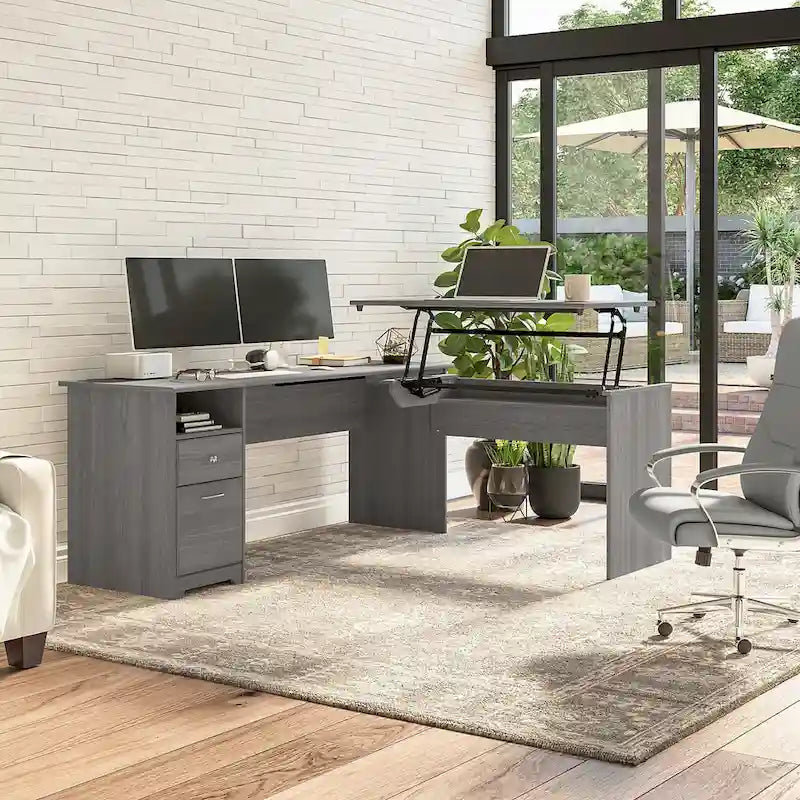 Bureau assis-debout en L à 3 positions de 72 po de large par