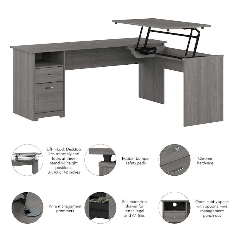 Bureau assis-debout en L à 3 positions de 72 po de large par