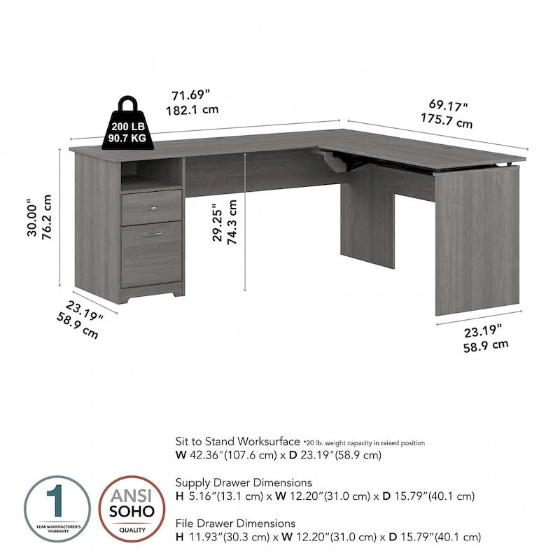 Bureau assis-debout en L à 3 positions de 72 po de large par