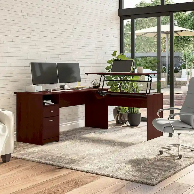 Bureau assis-debout en L à 3 positions de 72 po de large par