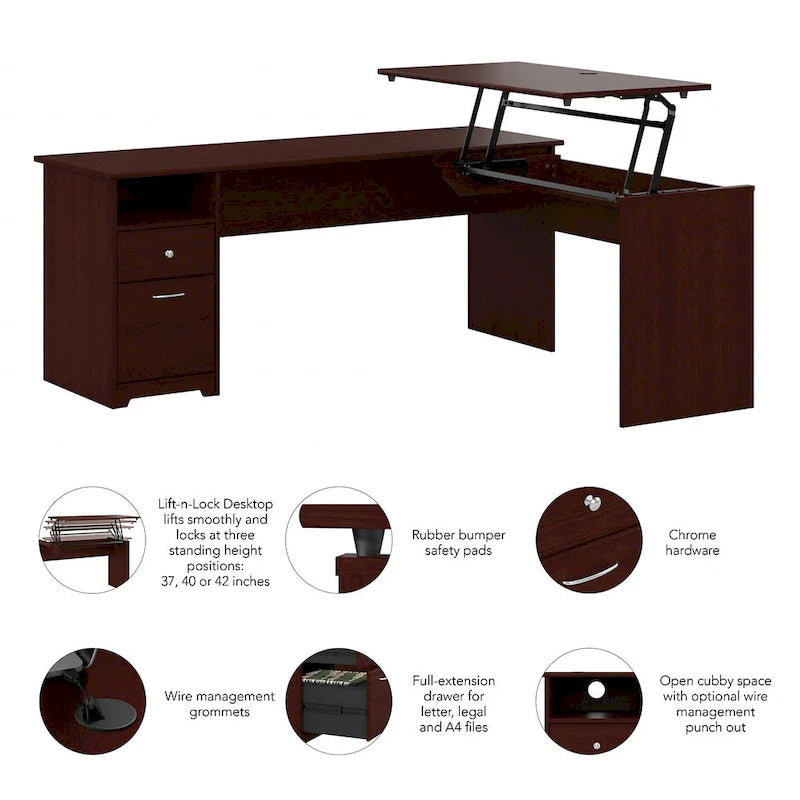 Bureau assis-debout en L à 3 positions de 72 po de large par