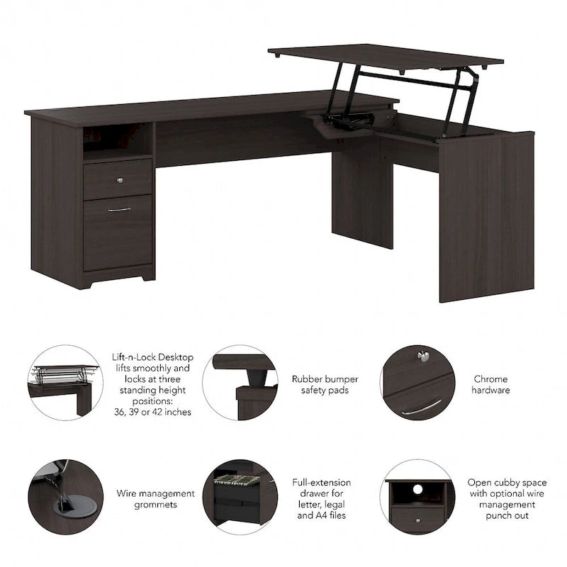 Bureau assis-debout en L à 3 positions de 72 po de large par