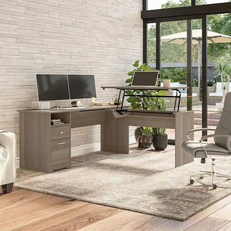 Bureau assis-debout en L à 3 positions de 72 po de large par