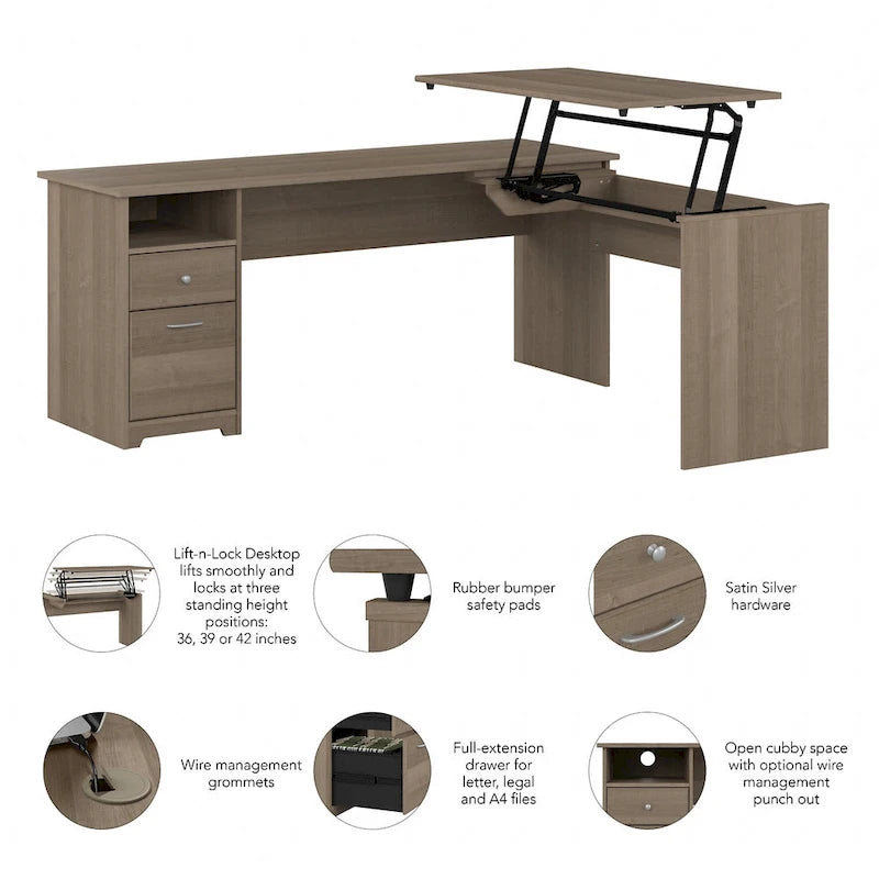 Bureau assis-debout en L à 3 positions de 72 po de large par