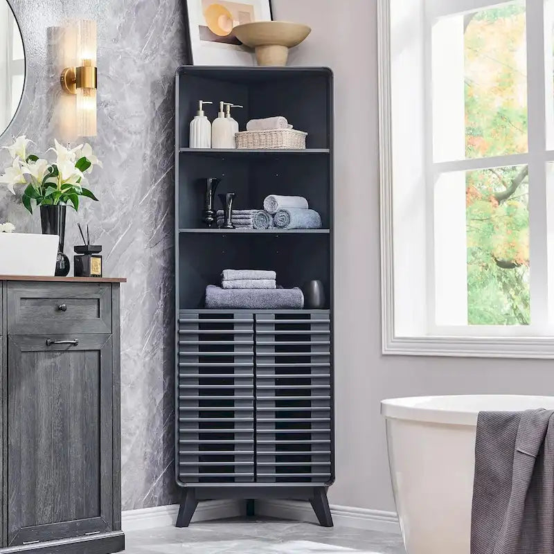 Meuble d'angle haut de salle de bain Mid-Century avec porte à lattes, 68 po