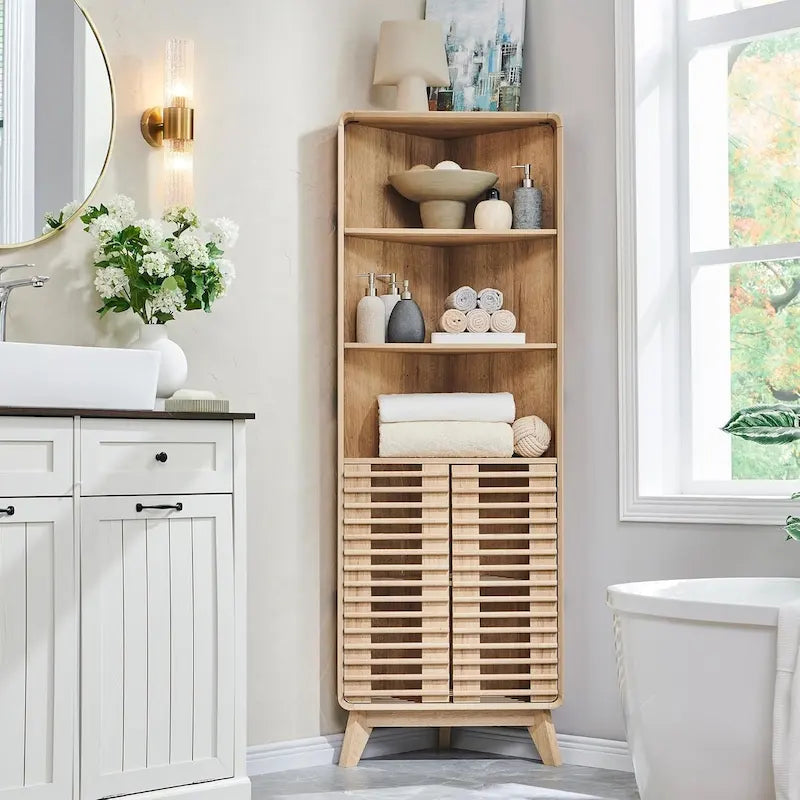 Meuble d'angle haut de salle de bain Mid-Century avec porte à lattes, 68 po