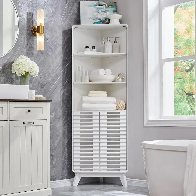 Meuble d'angle haut de salle de bain Mid-Century avec porte à lattes, 68 po
