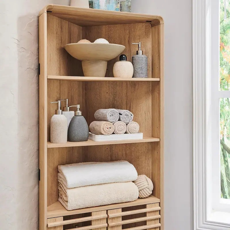Meuble d'angle haut de salle de bain Mid-Century avec porte à lattes, 68 po