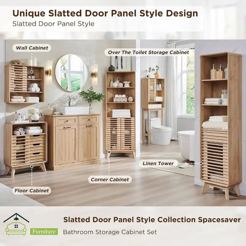 Meuble d'angle haut de salle de bain Mid-Century avec porte à lattes, 68 po