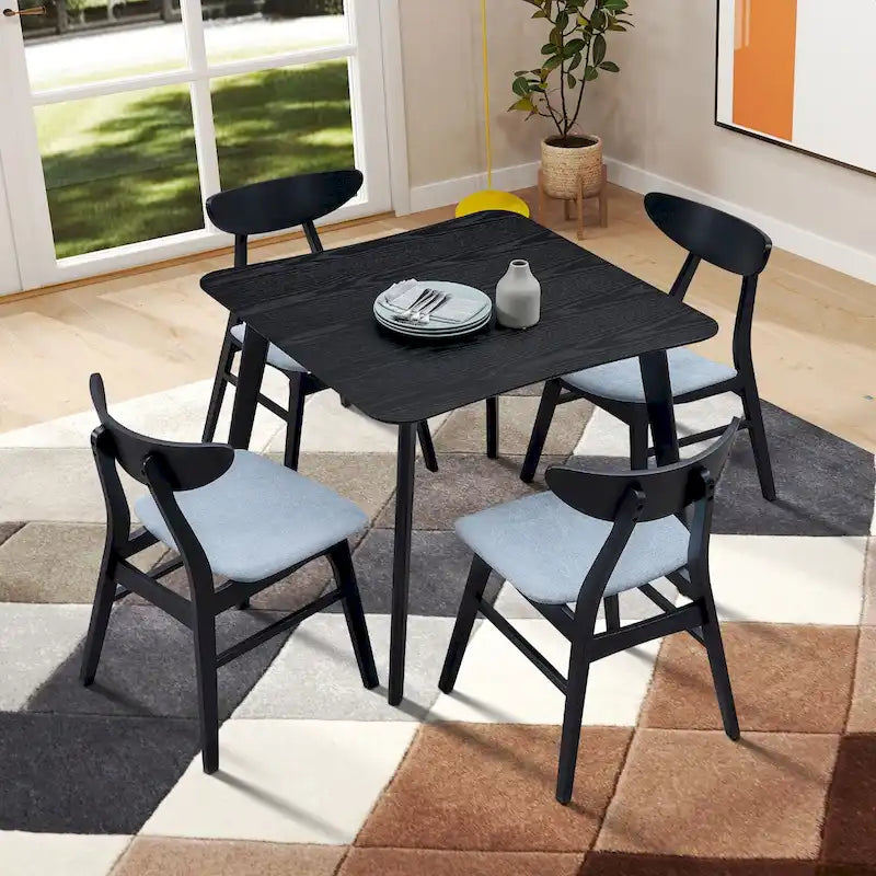 Ensemble table à manger en bois pour 4 personnes, 5 pièces, avec table carrée et 4 chaises rembourrées en tissu