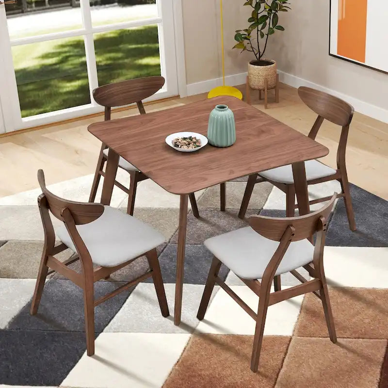 Ensemble table à manger en bois pour 4 personnes, 5 pièces, avec table carrée et 4 chaises rembourrées en tissu