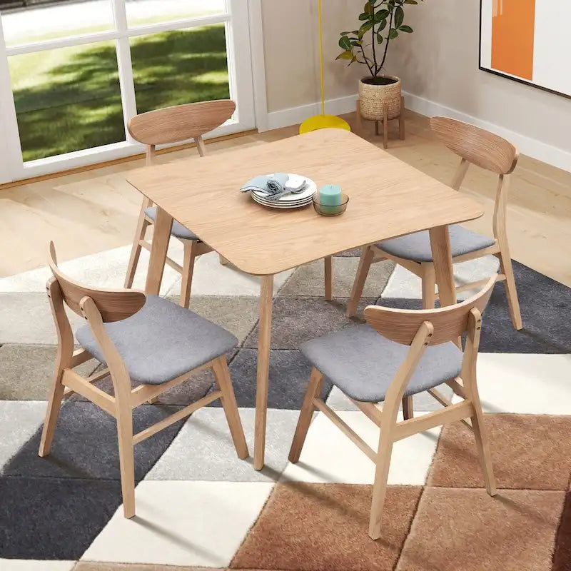 Ensemble table à manger en bois pour 4 personnes, 5 pièces, avec table carrée et 4 chaises rembourrées en tissu