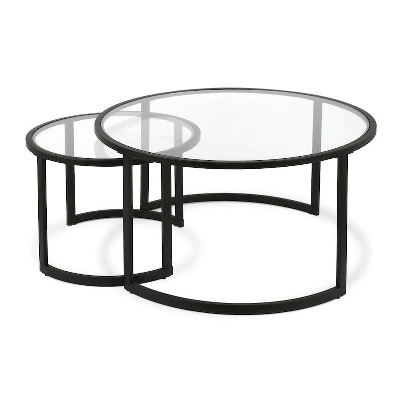 Set of 2 36   Glass And Steel Round Nested Coffee Tables - 36 x 36 x 18