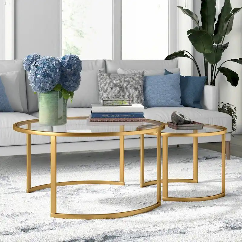 Lot de 2 tables basses gigognes rondes en verre et acier de 36 po - 36 x 36 x 18 po