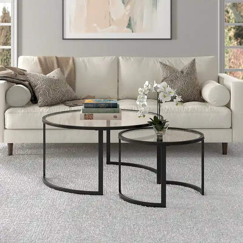 Lot de 2 tables basses gigognes rondes en verre et acier de 36 po - 36 x 36 x 18 po