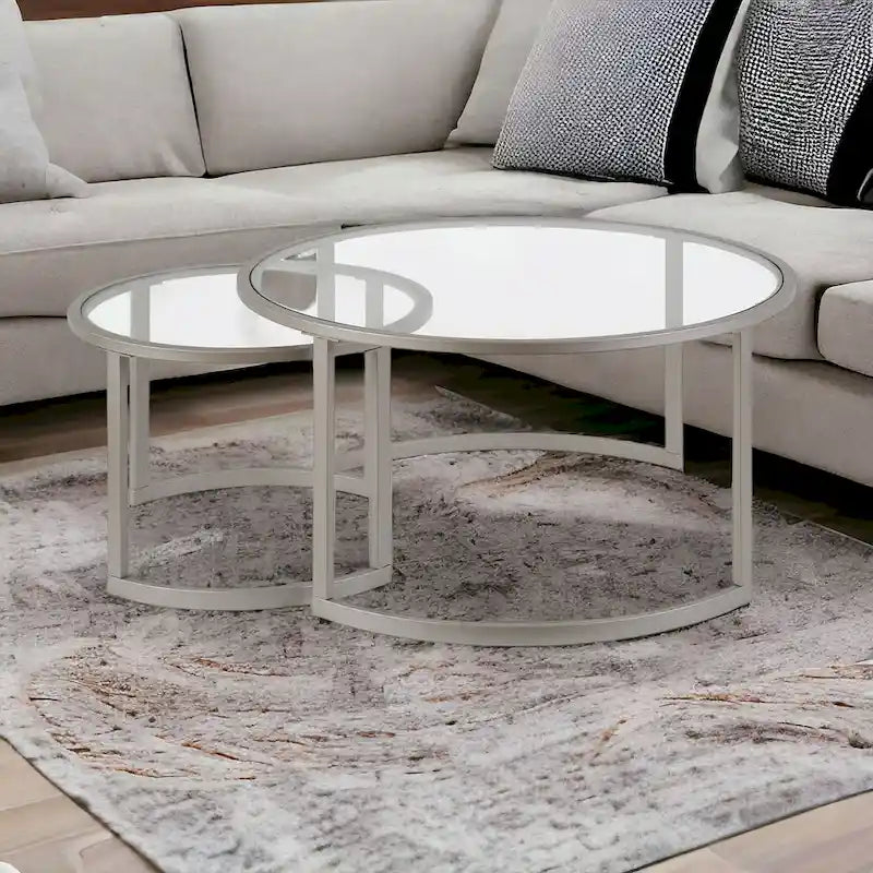 Lot de 2 tables basses gigognes rondes en verre et acier de 36 po - 36 x 36 x 18 po