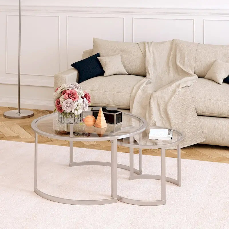 Lot de 2 tables basses gigognes rondes en verre et acier de 36 po - 36 x 36 x 18 po