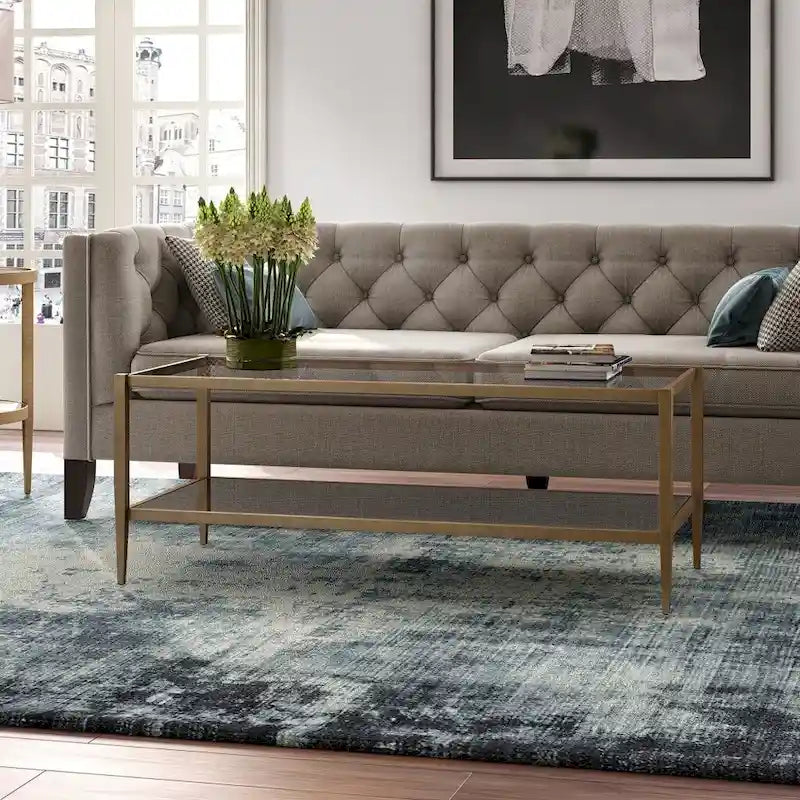 Table basse rectangulaire moderne en verre 45" avec cadre en acier et étagère de rangement pour salon - 45" L x 20" l x 17" H