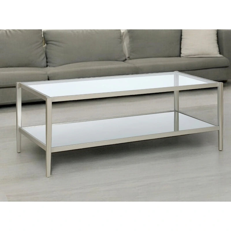 Table basse rectangulaire moderne en verre 45" avec cadre en acier et étagère de rangement pour salon - 45" L x 20" l x 17" H