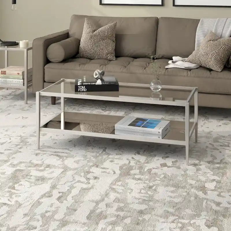 Table basse rectangulaire moderne en verre 45" avec cadre en acier et étagère de rangement pour salon - 45" L x 20" l x 17" H
