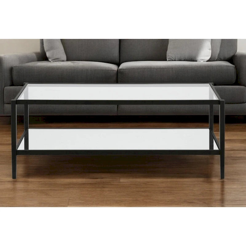 Table basse rectangulaire moderne en verre 45" avec cadre en acier et étagère de rangement pour salon - 45" L x 20" l x 17" H