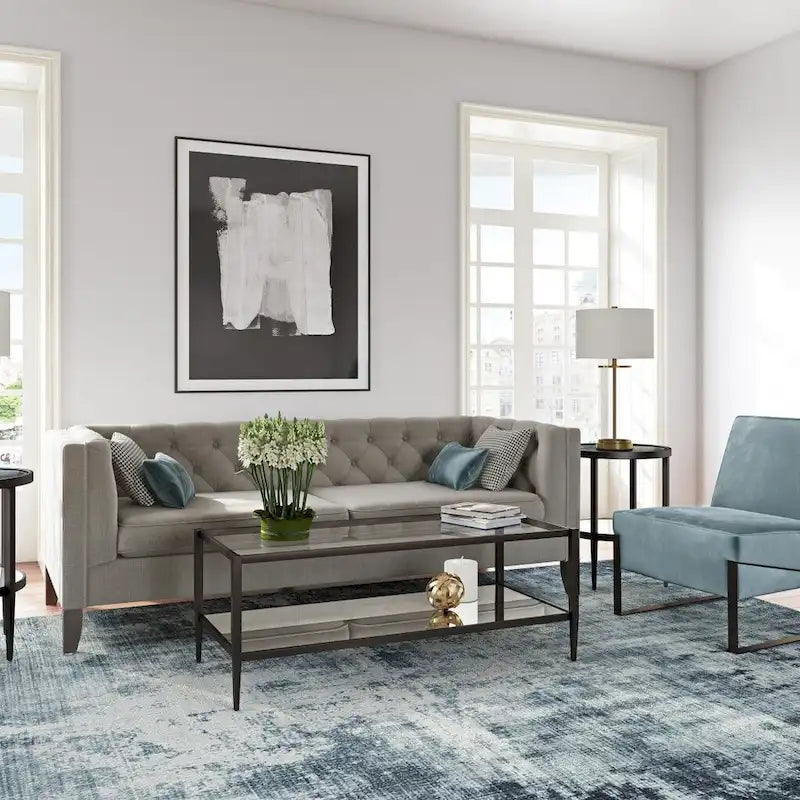 Table basse rectangulaire moderne en verre 45" avec cadre en acier et étagère de rangement pour salon - 45" L x 20" l x 17" H