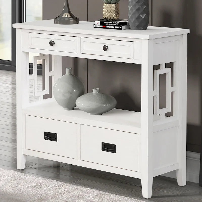 36 Table console en pin rustique, table d'entrée/arrière de canapé avec 4 tiroirs et 1 étagère de rangement