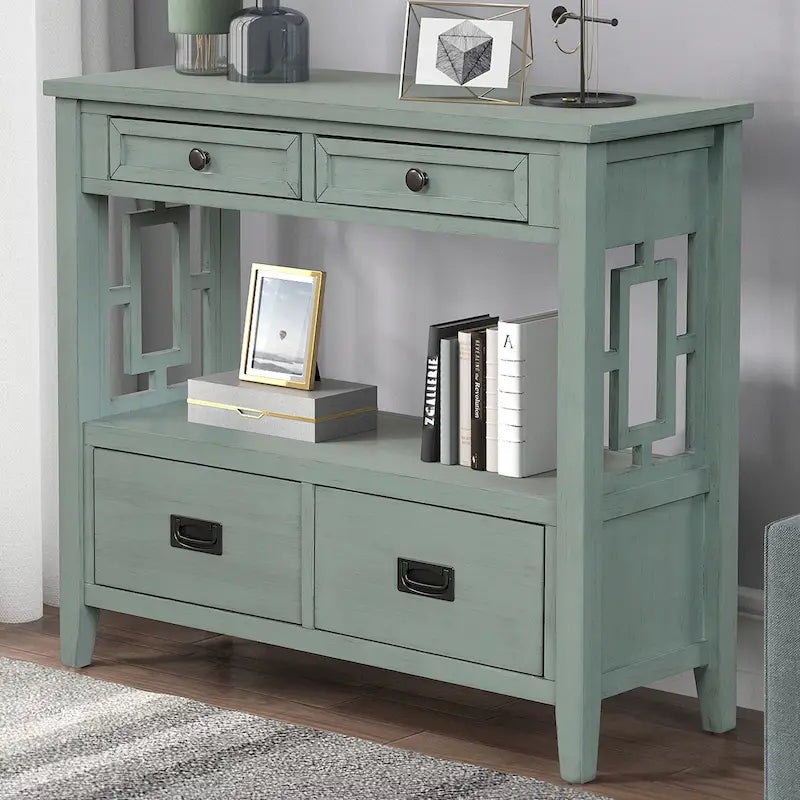 36 Table console en pin rustique, table d'entrée/arrière de canapé avec 4 tiroirs et 1 étagère de rangement